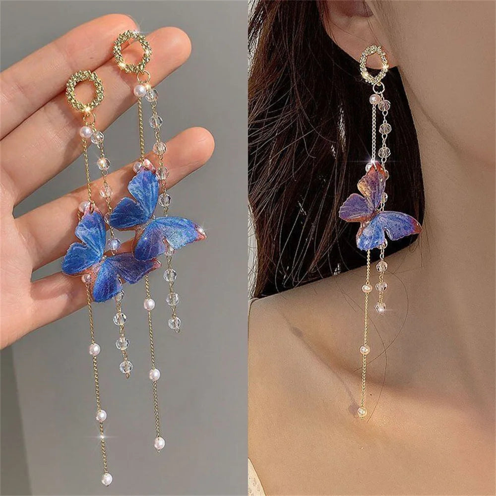 Pearl and Zircon Butterfly Tassel Earrings