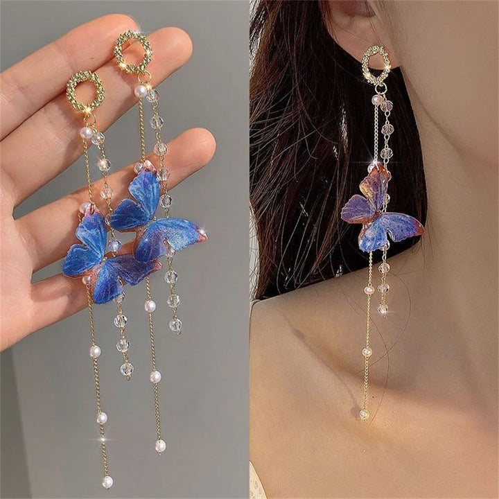 Pearl and Zircon Butterfly Tassel Earrings