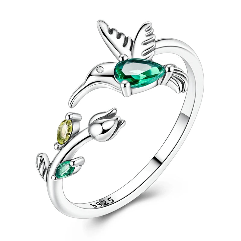 Sterling Silver Clover and Hummingbird Open Ring