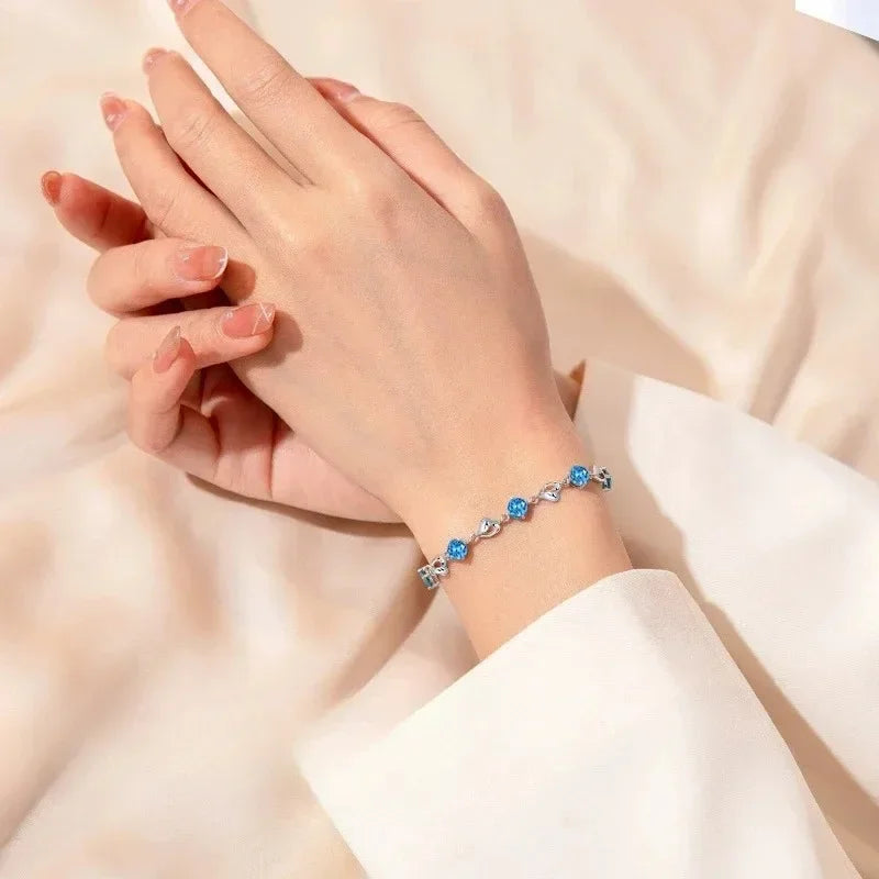 Sterling Silver Blue Crystal Heart Bracelet