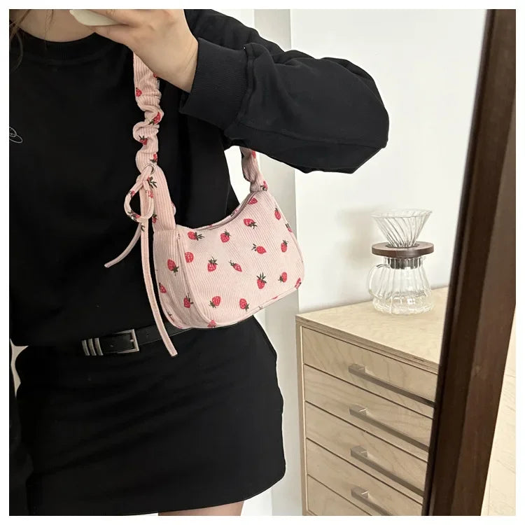 Strawberry Corduroy Half Moon Shoulder Bag