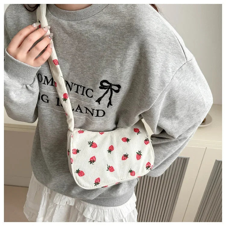 Strawberry Corduroy Half Moon Shoulder Bag