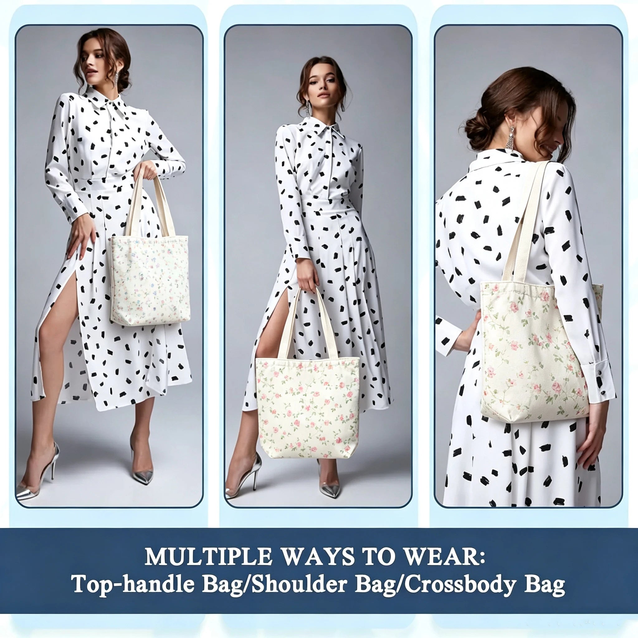 Printed Canvas Zip Shoulder Tote Bag