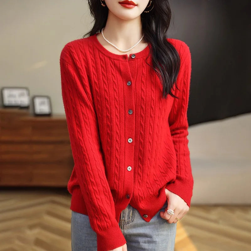 Thick Knit Round Neck Button Cardigan