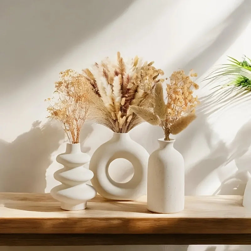 White Ceramic Bohemian Vase Set of 3