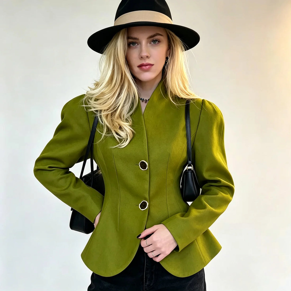 Puff Sleeve Peplum Hem Fitted Blazer