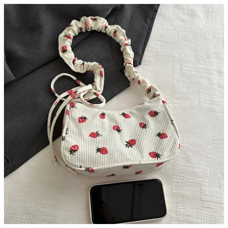Strawberry Corduroy Half Moon Shoulder Bag