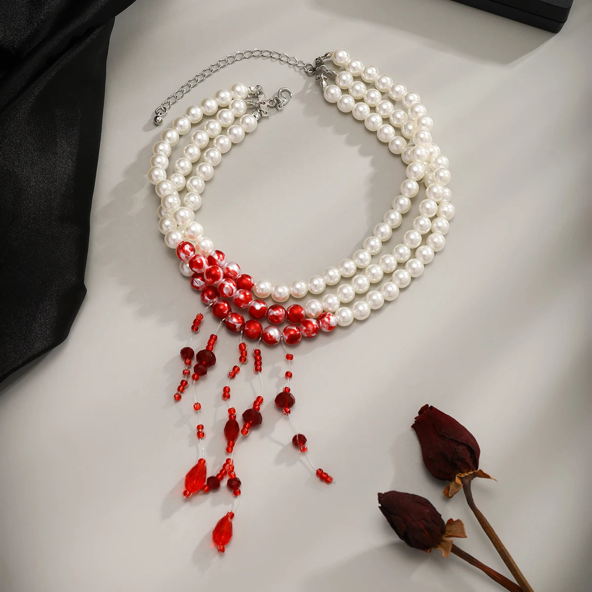 Gothic Pearl and Crystal Tassel Necklace