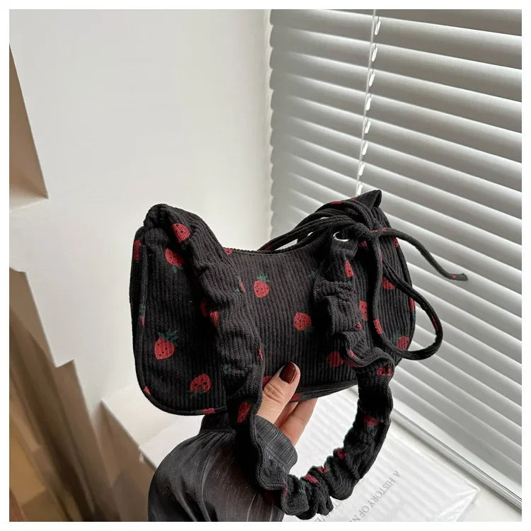 Strawberry Corduroy Half Moon Shoulder Bag