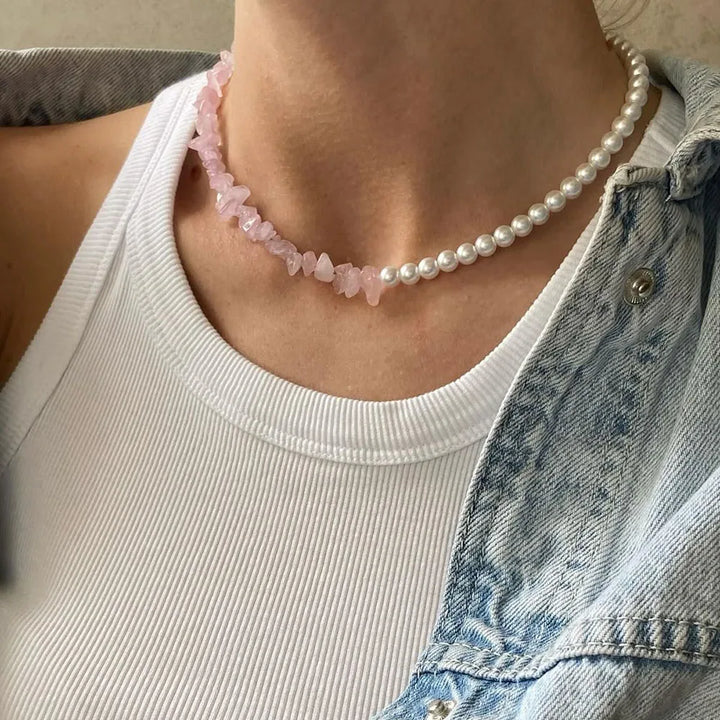 Pearl and Pink Stone Choker Necklace