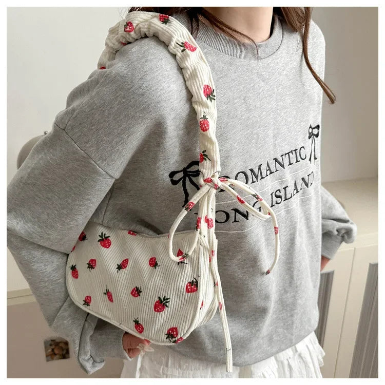 Strawberry Corduroy Half Moon Shoulder Bag