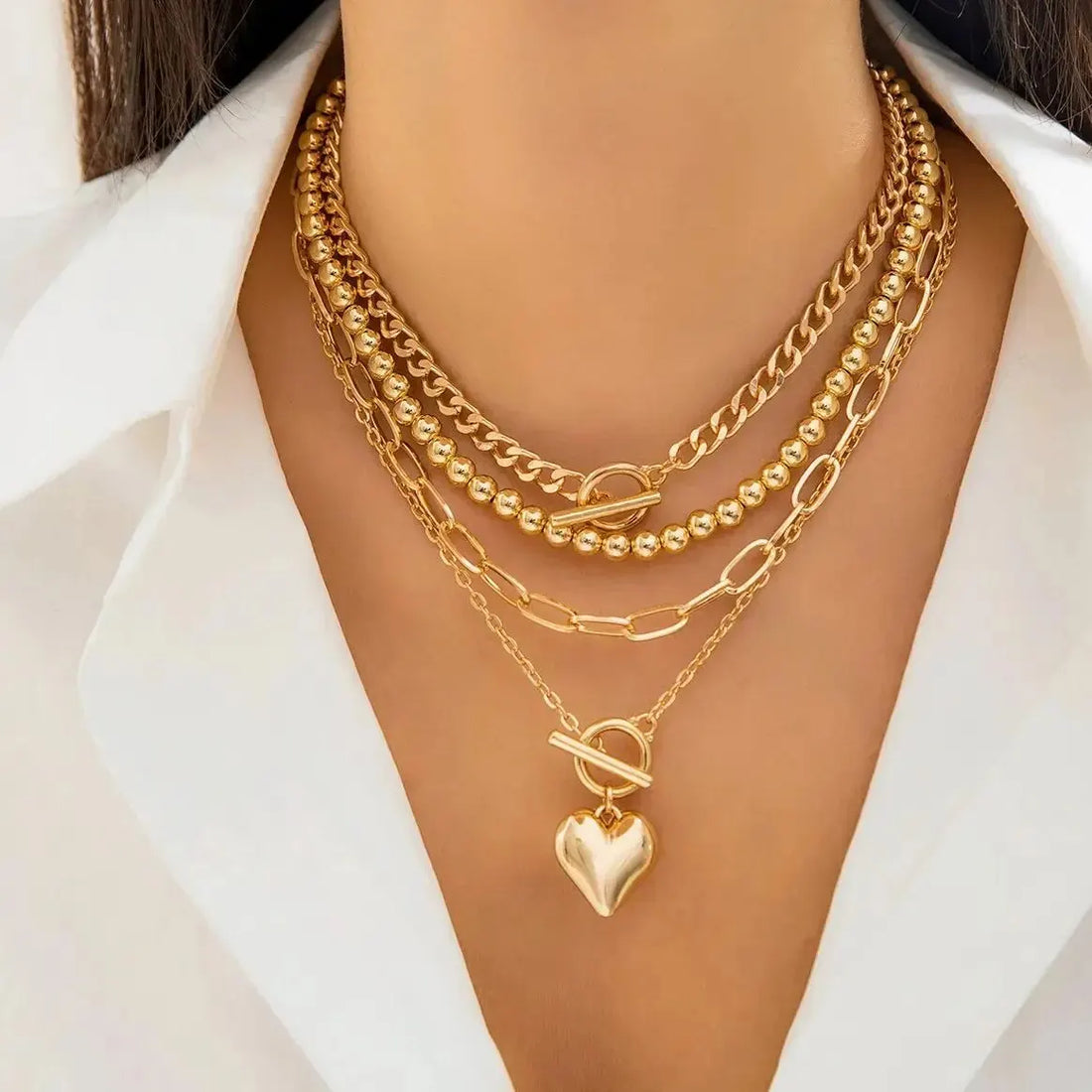Gold Heart Pendant Layering Necklace Set of 4
