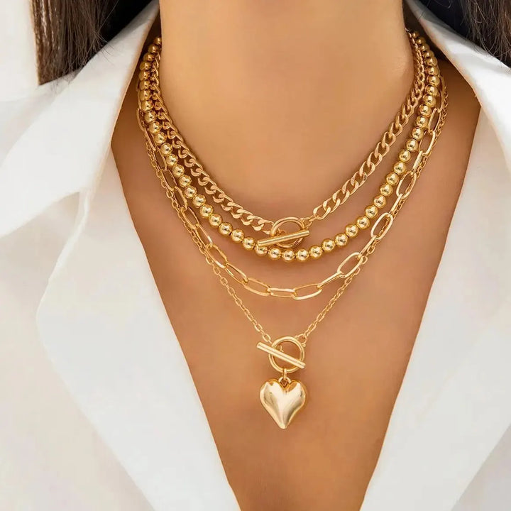 Gold Heart Pendant Layering Necklace Set of 4