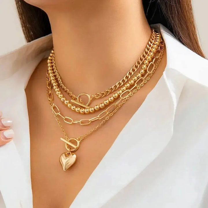 Gold Heart Pendant Layering Necklace Set of 4