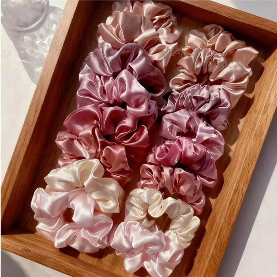 Satin Hair Ties in Pink and Brown, 16-Piece Set