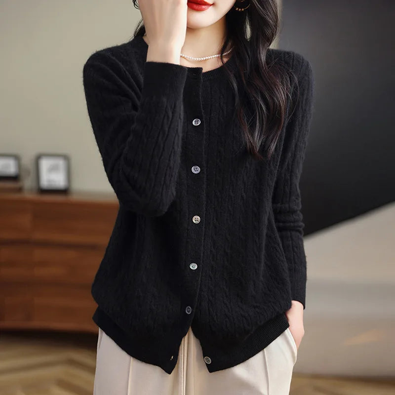 Thick Knit Round Neck Button Cardigan