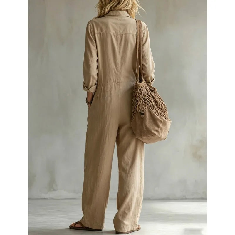 Lapel Collar Wide Leg Jumpsuit with Pockets
