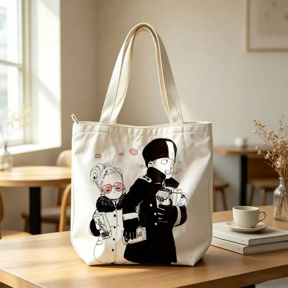 Printed Canvas Zip Shoulder Tote Bag