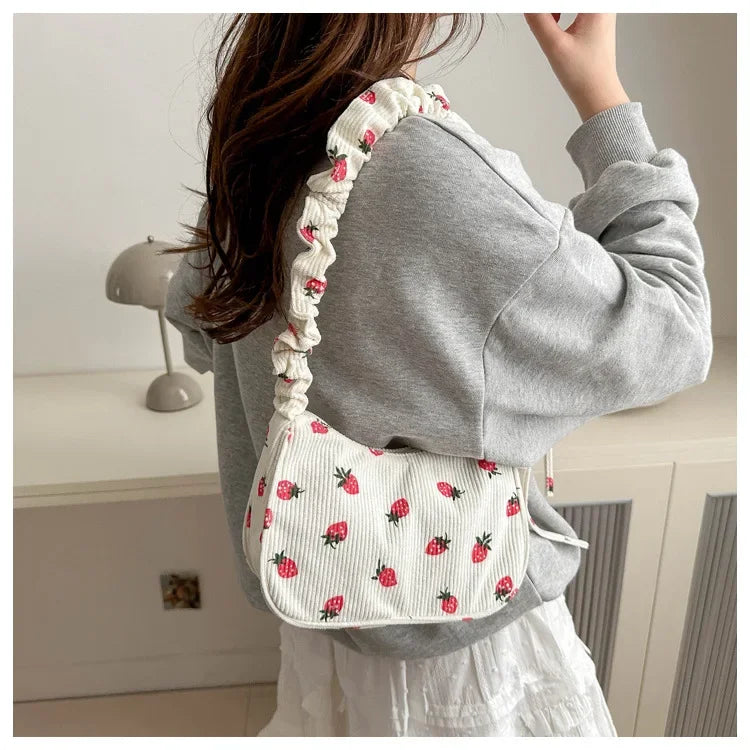 Strawberry Corduroy Half Moon Shoulder Bag