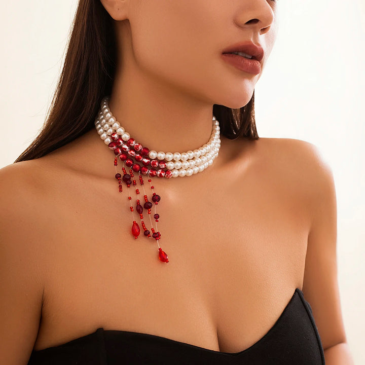 Gothic Pearl and Crystal Tassel Necklace