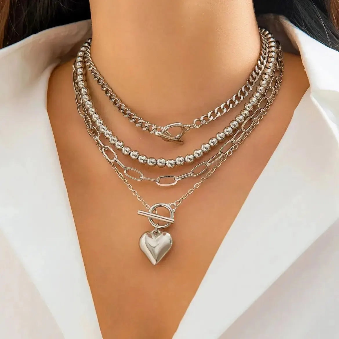 Gold Heart Pendant Layering Necklace Set of 4
