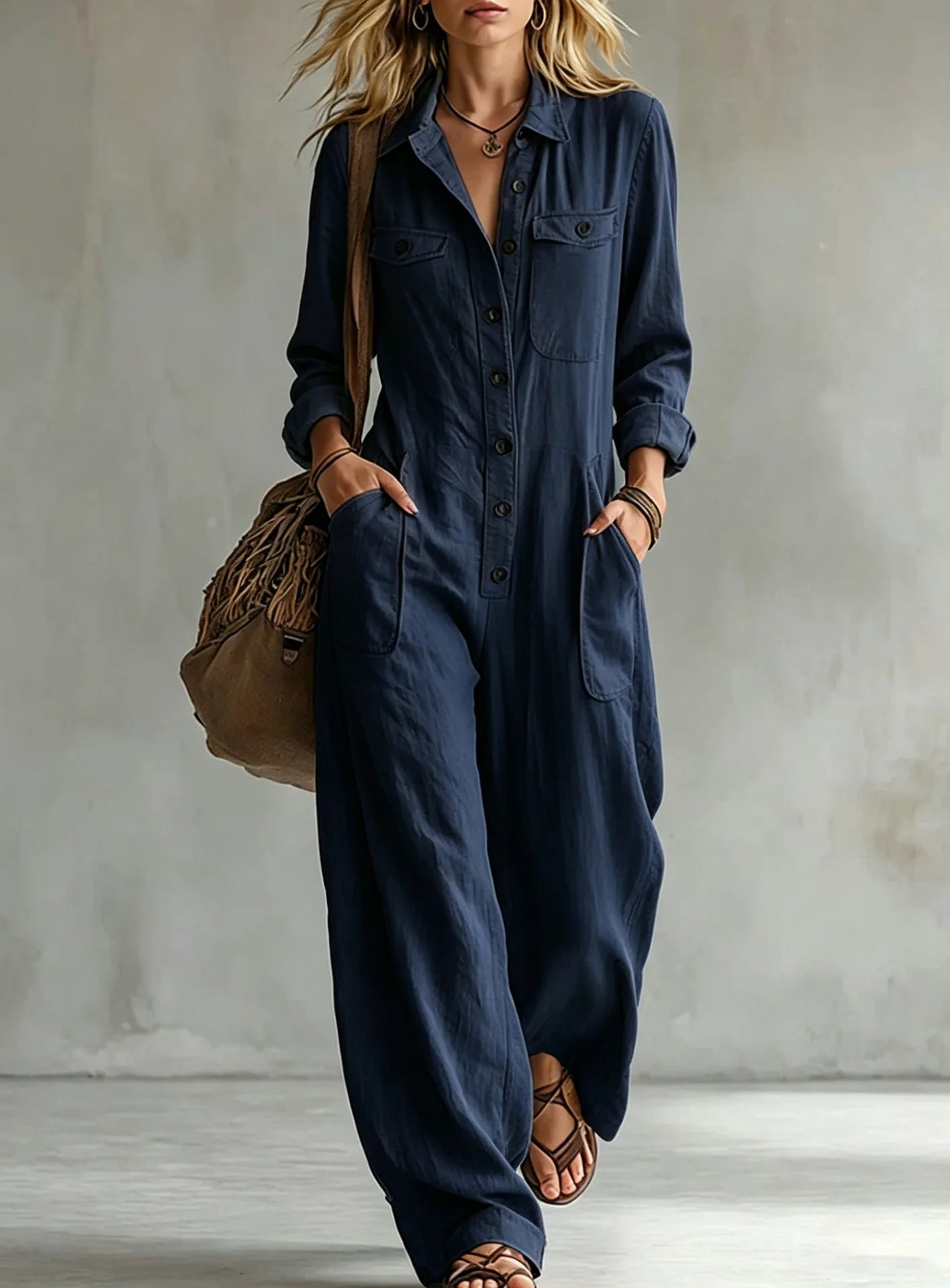 Lapel Collar Wide Leg Jumpsuit with Pockets