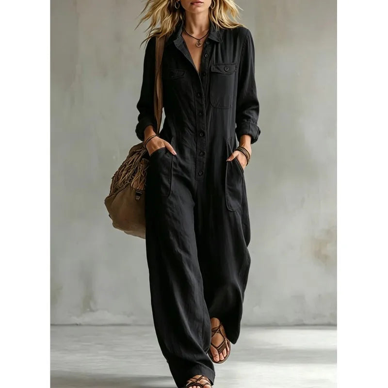 Lapel Collar Wide Leg Jumpsuit with Pockets