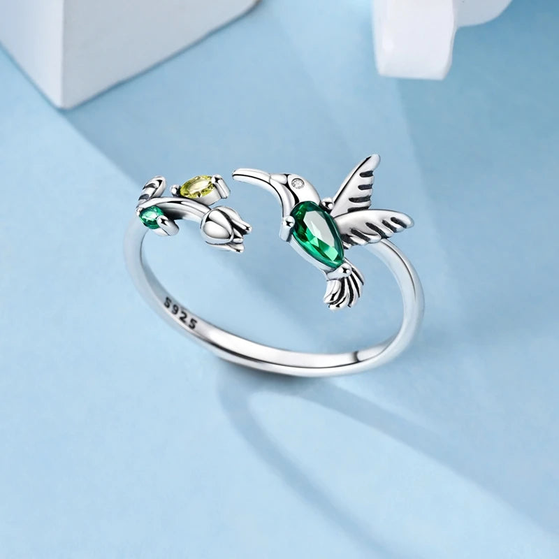 Sterling Silver Clover and Hummingbird Open Ring