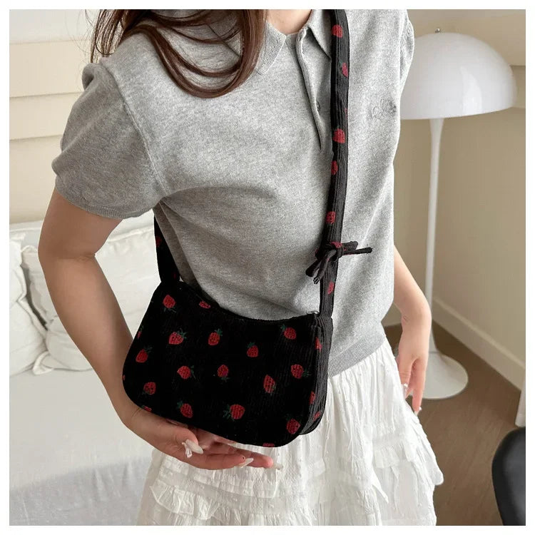 Strawberry Corduroy Half Moon Shoulder Bag