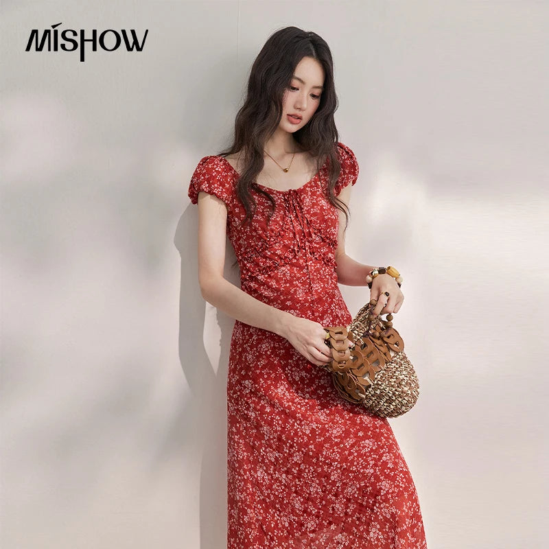 Red Floral Chiffon Square Neck Midi Dress