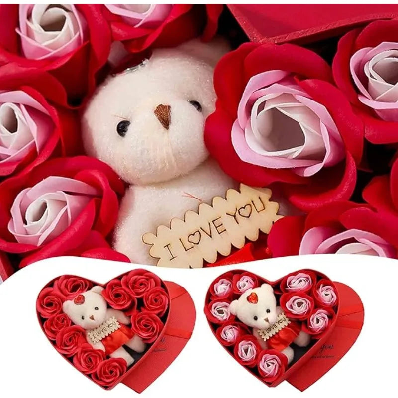 Artificial Rose and Teddy Bear Gift Box