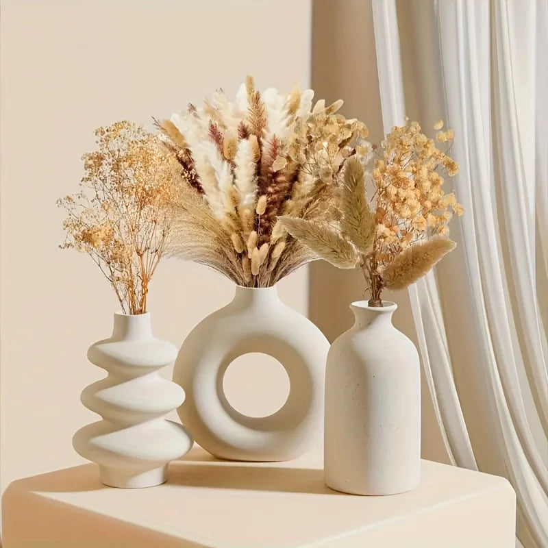 White Ceramic Bohemian Vase Set of 3