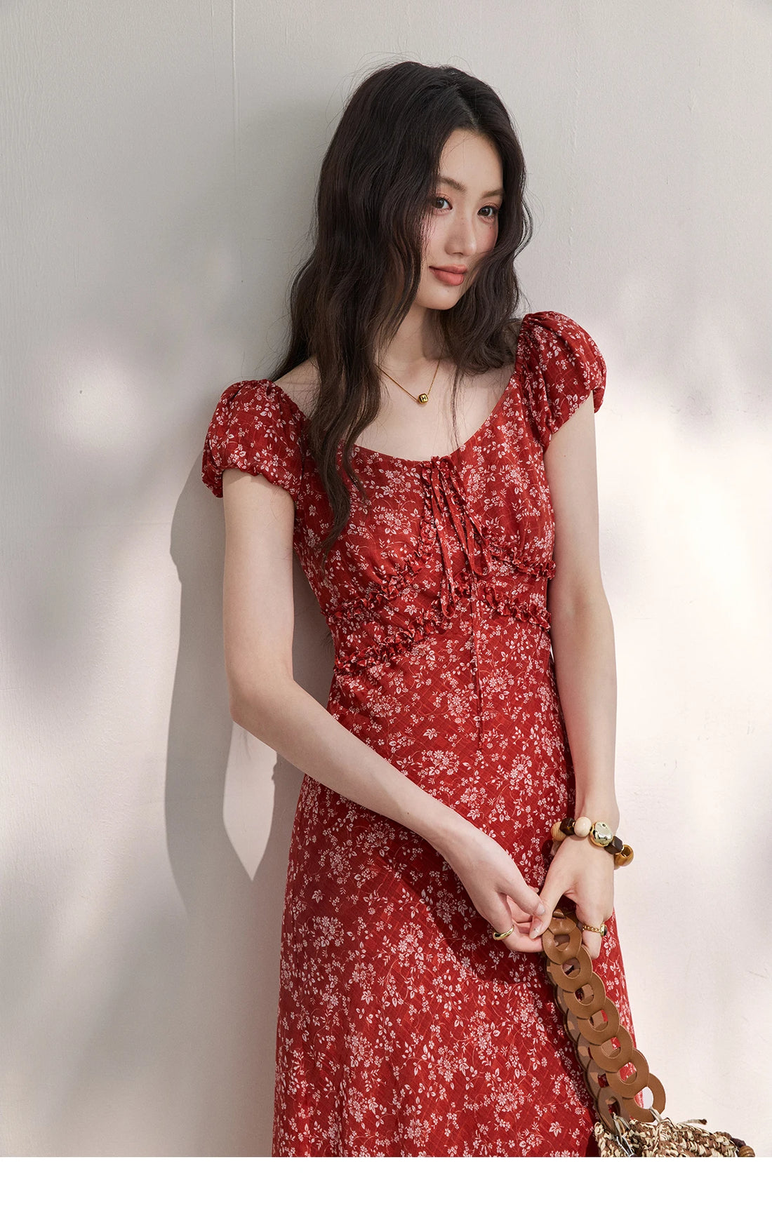 Red Floral Chiffon Square Neck Midi Dress