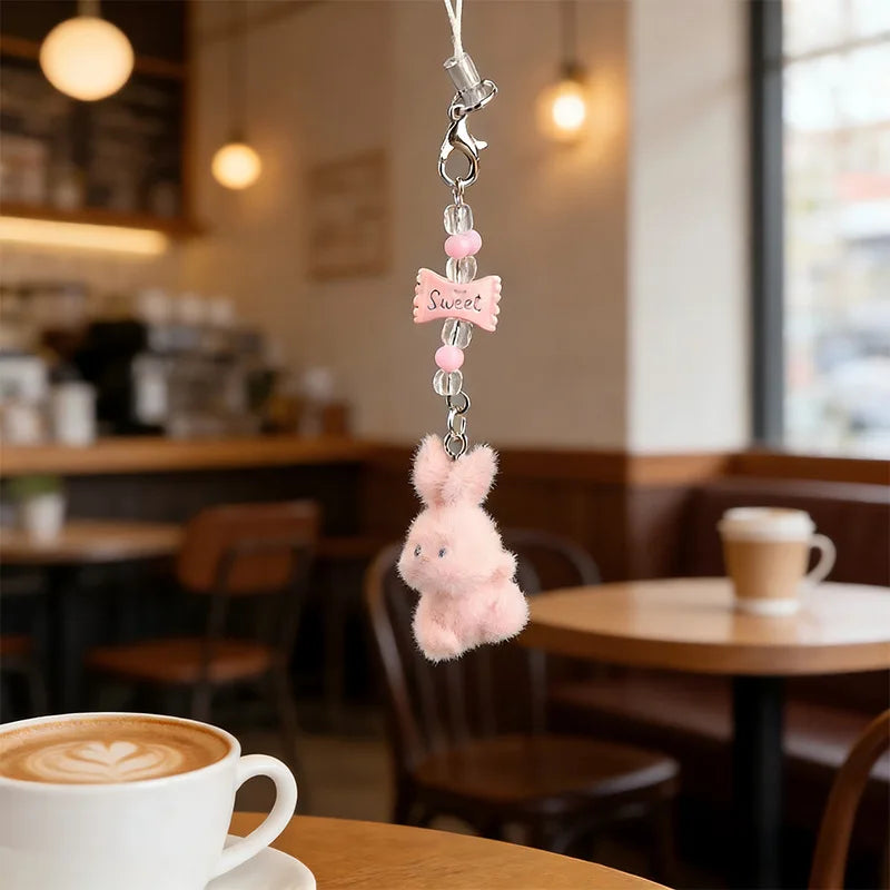 Flocked Rabbit Beaded Bag Charm Keyring