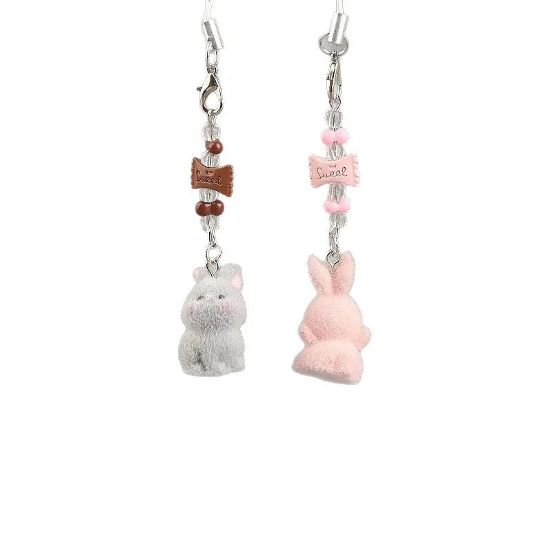 Flocked Rabbit Beaded Bag Charm Keyring