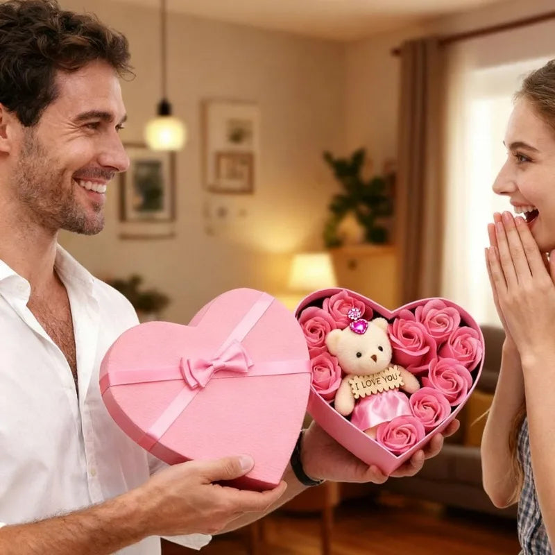 Artificial Rose and Teddy Bear Gift Box