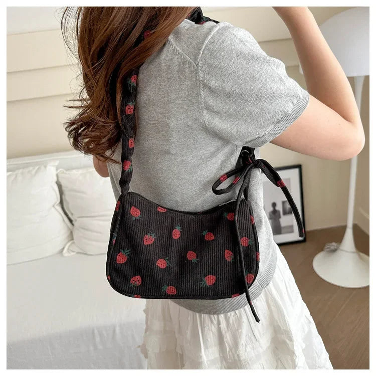 Strawberry Corduroy Half Moon Shoulder Bag
