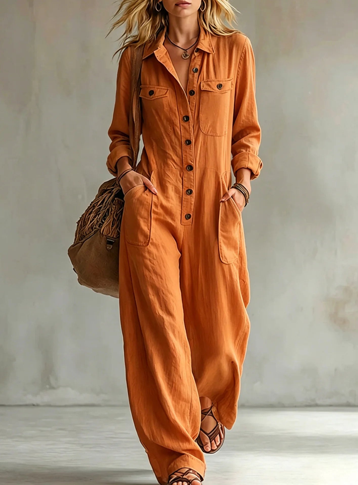 Lapel Collar Wide Leg Jumpsuit with Pockets