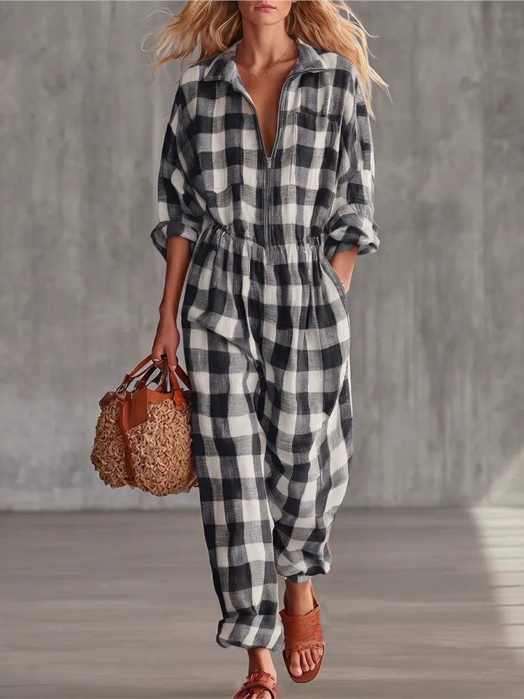 Women Plaid Jumpsuit Lapel Collar Zip Elastic Waist Loose Long Jumpsuits Ladies Casual Checkered Holiday Overalls With Pockets
