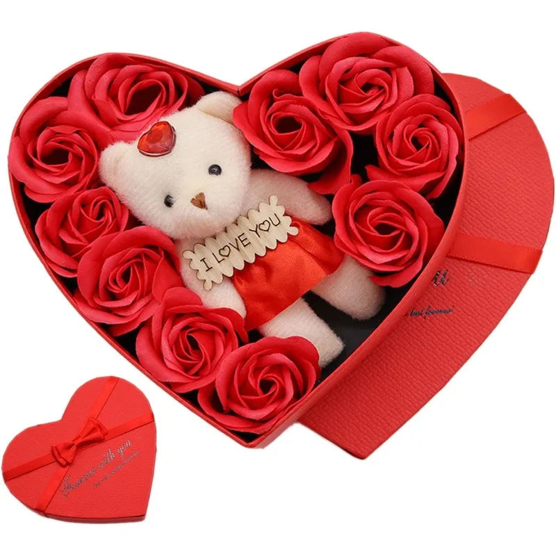 Artificial Rose and Teddy Bear Gift Box