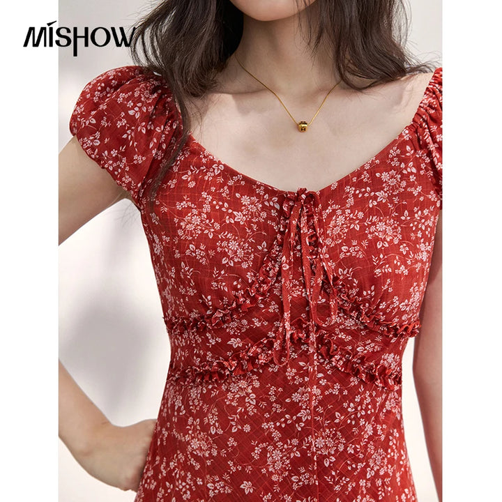 Red Floral Chiffon Square Neck Midi Dress