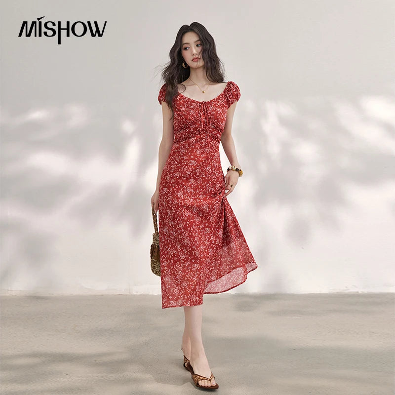 Red Floral Chiffon Square Neck Midi Dress