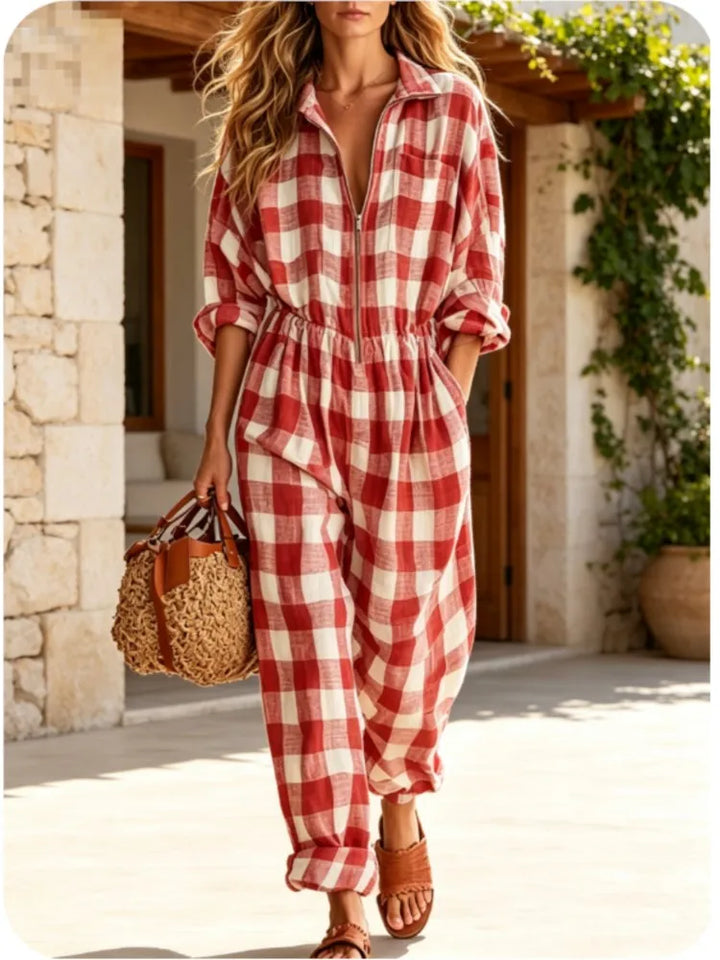 Women Plaid Jumpsuit Lapel Collar Zip Elastic Waist Loose Long Jumpsuits Ladies Casual Checkered Holiday Overalls With Pockets