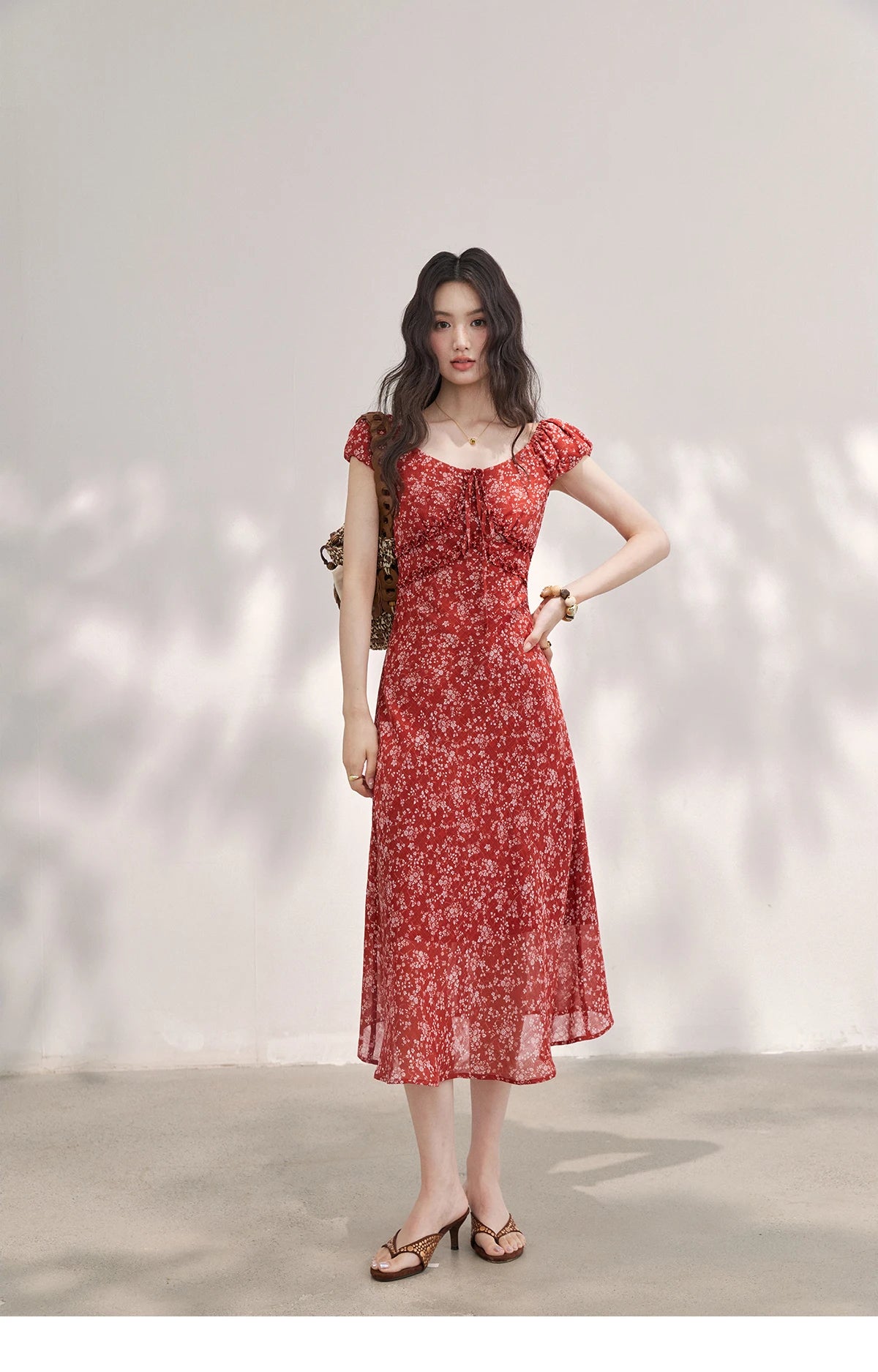 Red Floral Chiffon Square Neck Midi Dress