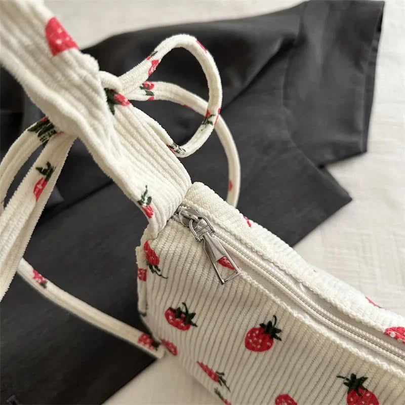 Strawberry Corduroy Half Moon Shoulder Bag