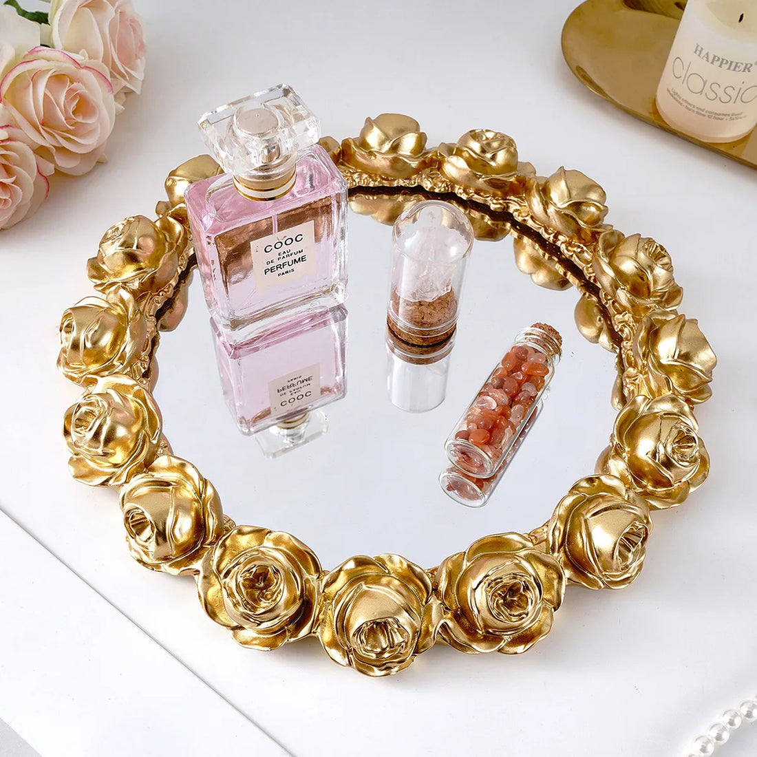 Golden Rose Mirrored Trinket Tray