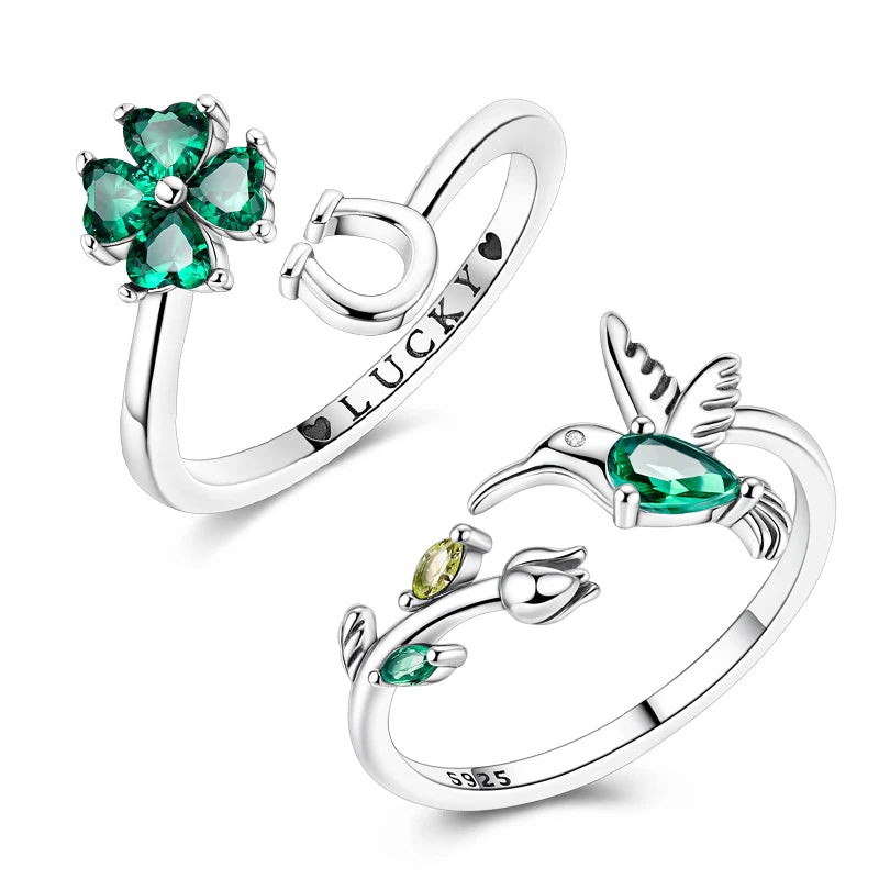 Sterling Silver Clover and Hummingbird Open Ring