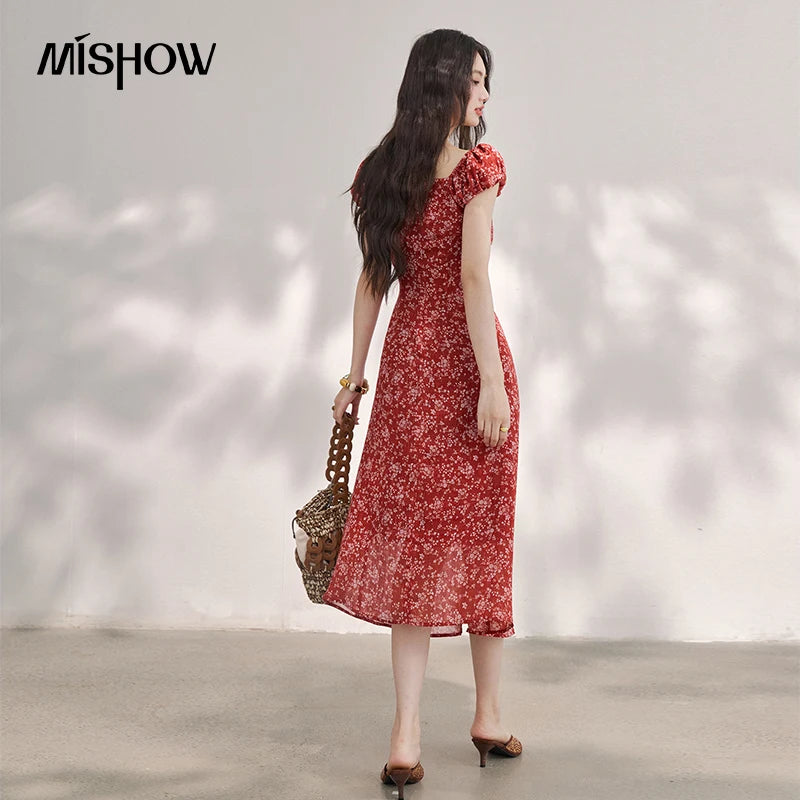 Red Floral Chiffon Square Neck Midi Dress