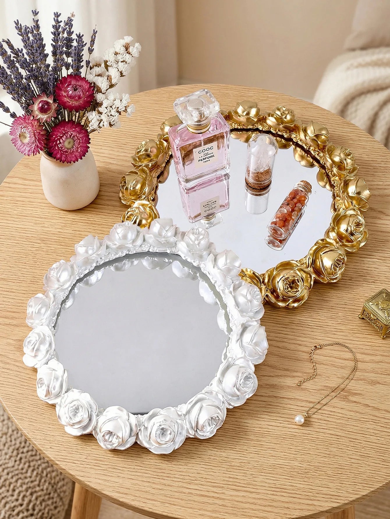 Golden Rose Mirrored Trinket Tray
