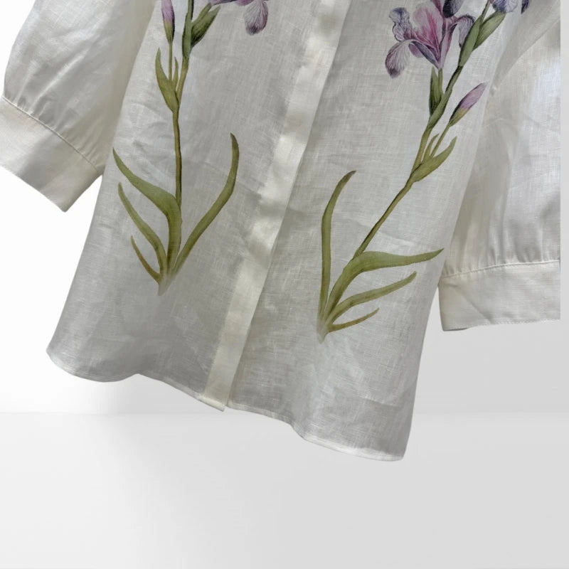 Floral Puff Sleeve Linen Blend Blouse